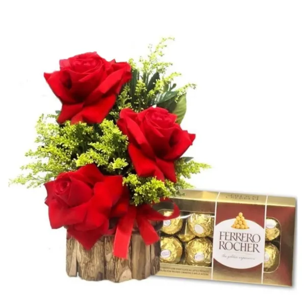 Arranjo de Rosas Abertas com Ferrero Rocher - Floricultura Nuporanga