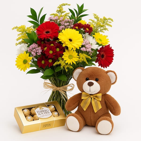 Buquê Colorido com Gérberas, Margaridas, Pelúcia e Ferrero Rocher
