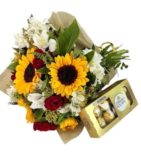 Buquê de Girassóis, Rosas e Ferrero Rocher - Floricultura Nuporanga