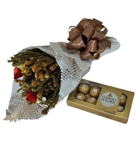 Mini Buquê de Flores Secas e Ferrero Rocher