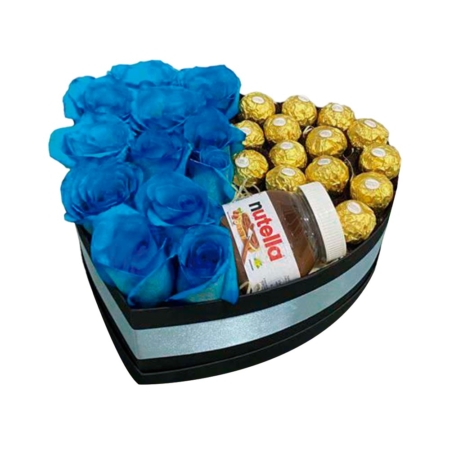 Cesta Box de Rosas Azuis com Ferrero Rocher e Nutella