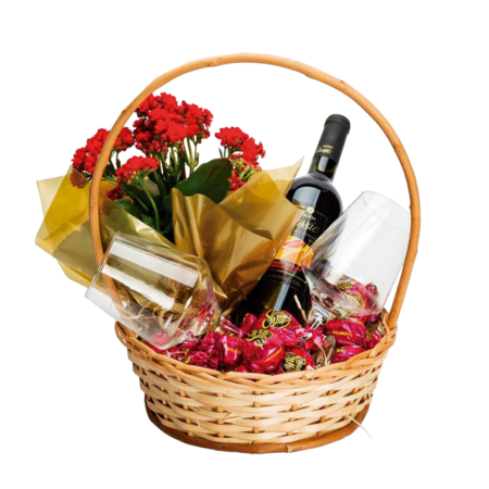 Cesta Romântica de  Aniversário com Chocolate e Vinho